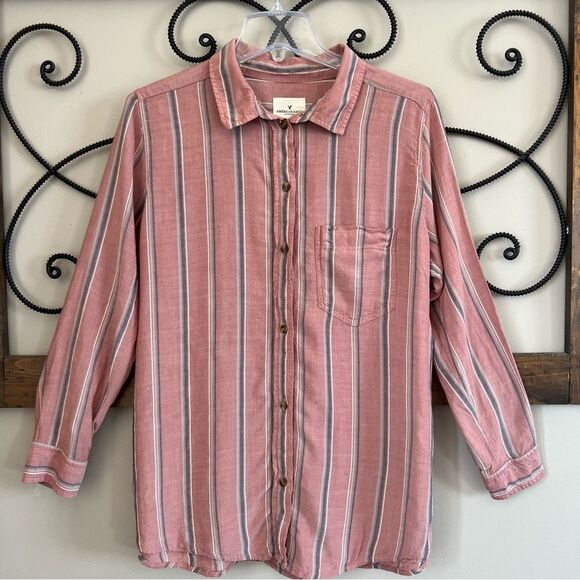 American Eagle Oversized Long Sleeve Button Striped Blouse Size M - Picture 2 of 11